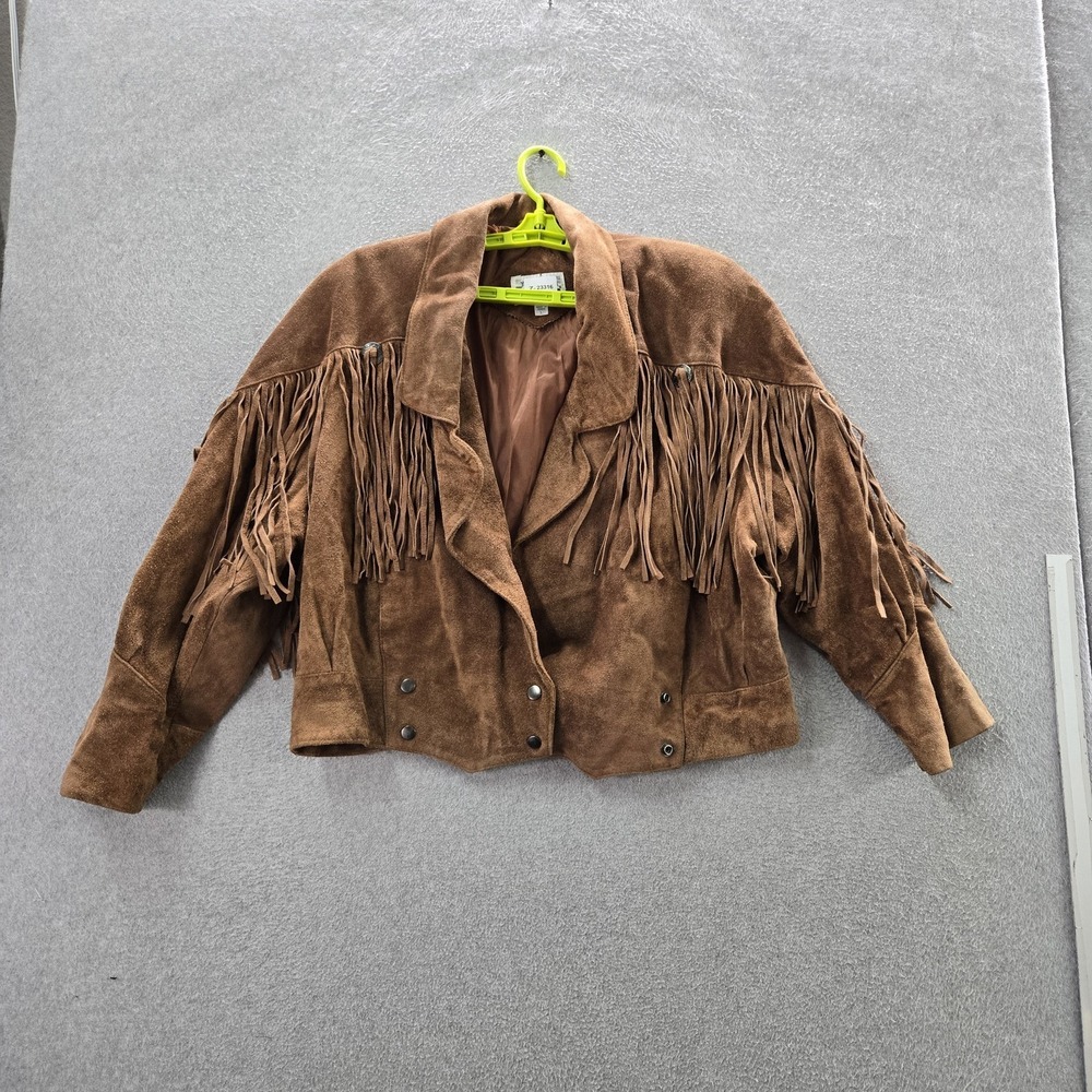 VINTAGE Yearbook Women Jacket L Brown Genuine Leather Western Snap Fringe